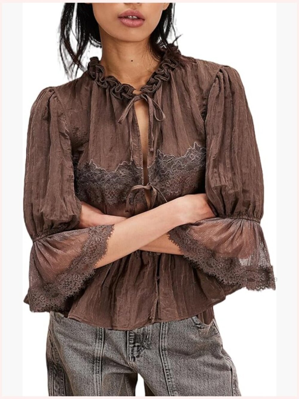 Sheer Lace Peplum Crop Top Boho Ruffle Bow Tie Blouse Y2K Flowy Short Sleeve